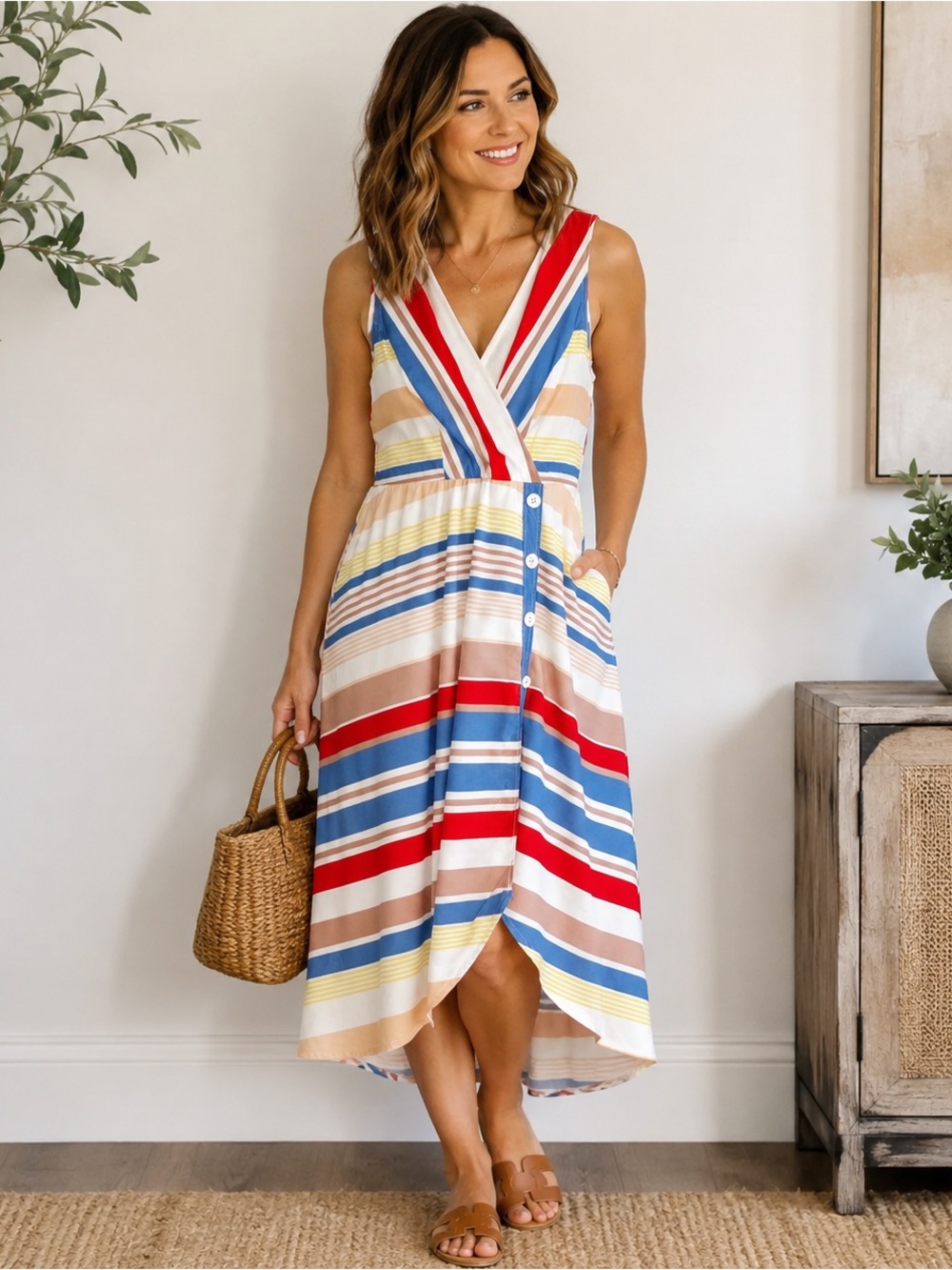 Anthropologie Plenty by Tracy Reese Striped Asymmetrical Midi Dress Size 4
